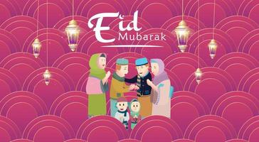 eid mubarak vectorillustratie met familie karakter. vectorillustratie voor wenskaart, poster en banner. met leuke ontwerpstijl vector