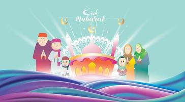 moslim familie groet vieren eid mubarak, ramadan kareem cartoon vector wensen voor islamitisch festival voor spandoek, poster, flyer, illustratie, wenskaart, brochure en verkoop achtergrond