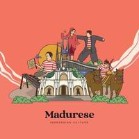 Madura-illustratie instellen. handgetekende Indonesische culturen achtergrond vector