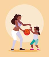 Moeder en dochter spelen basketbal vector