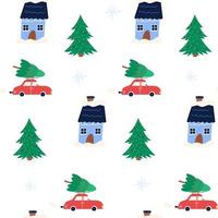minimalistische Scandinavische naadloze patroon met winterhuis, boom en auto - platte vectorillustratie op witte achtergrond. eenvoudig scandinavisch kerstcadeaupapier. vector