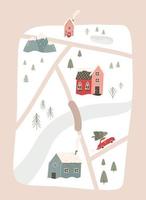 winter besneeuwde kaart met wegen, rivier, auto, huizen en bomen met berg - platte vectorillustratie. kerstviering wenskaart. vector