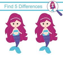 tekenfilm zeemeerminnen. zoek 5 verschillen. educatief spel voor kinderen. vector