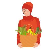 vrouw mand boodschappen vector stock illustratie. een mand vol groenten. kool, sla bladeren, bananen geïsoleerd op een witte achtergrond.