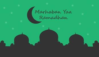 groet van marhaban ya ramadhan met belettering. eid mubarak, groene achtergrond en silhouet moskee sjabloon vector