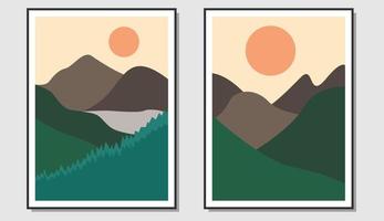 berg kunst aan de muur. minimalistisch design verticaal uitzicht op de bergen en de zon. geschikt voor wanddecoratie, ansichtkaart, omslag, achtergrond en andere afdrukbehoeften. vector