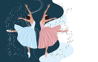 illustratie, elegante dansende ballerina's in een roze en blauwe jurk op een contrasterende achtergrond met confetti. afdrukken, poster, vector