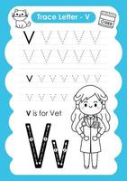 alfabet trace letter a tot z voorschoolse werkblad met de letter v vet vector