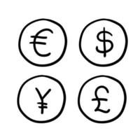 geld en valuta iconen vector illustratie. op witte achtergrond met hand getrokken doodle stijl cartoon