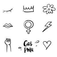 set feminisme elementen en tekst vrouwelijke hand getekende borstel grafische girl power concept met doodle hand getekende stijl vector