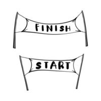 handgetekende start- en finishlijnbanners, slingers, vlaggen voor buitensportevenementen, wedstrijdraces, rennen. met doodle cartoon-stijl vector