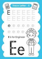 alfabet trace letter a tot z voorschoolse werkblad met de letter e engineer vector