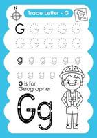 alfabet trace letter a tot z voorschoolse werkblad met de letter g geograaf vector