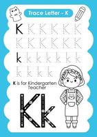 alfabet trace letter a tot z voorschoolse werkblad met de letter k kleuterjuf vector