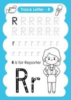alfabet trace letter a tot z voorschoolse werkblad met de letter r reporter vector