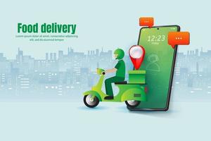 app voor voedselbezorging op een smartphone die een bezorgdienst vectorillustratie volgt met scooter mobiele doos pin en berichtpictogram e-commerce op stad achtergrond concept vector