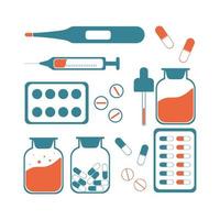 set van vector plat pictogrammen medicijnen. thermometer, spuit, medicijnen en pillen, fles en pipet, fles medicijnen. vectorillustratie.