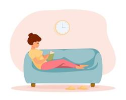 zwangere vrouw met een dikke buik zit op de bank en leest een boek. plat ontwerp. vectorillustratie. vector