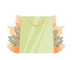 vectorillustratie van verkoop tas op plant achtergrond. concept van kortingen, verkoop, winkelen. vector