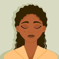 triest jong afro-amerikaans meisje is boos over haar probleemhuid, acne, puistjes. vectorillustratie. vector