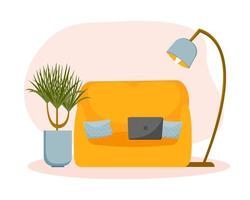 gezellig interieur huis - bank, staande lamp, plant in pot, laptop. schattige vectorillustratie. vector