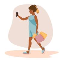 meisjesblogger maakt een selfie aan de telefoon. schattig jong meisje dat foto- en video-inhoud maakt voor haar blog. vectorillustratie in vlakke stijl. vector