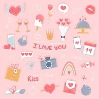 vector set romantische Valentijnsdag objecten. leuke kleurrijke elementen geïsoleerd op roze achtergrond. hart met vleugels en pijl, brief, boeket, regenboog, bom, wolk. gebruik voor stickers, wenskaarten.