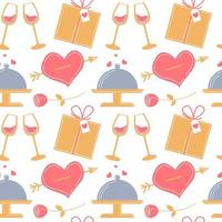 naadloze kleurrijke patroon voor Valentijnsdag. hart, roos, glazen wijn, cadeau, restaurant cloche. eps 10. vector