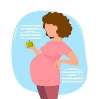 schattige cartoon zwangere vrouw in broek en een t-shirt houdt een groene appel in haar hand. vlakke stijl. gezond voedingsconcept tijdens de zwangerschap. vectorillustratie. vector
