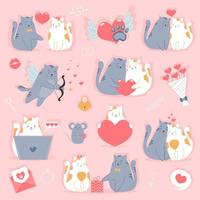 set van Valentijnsdag. verliefde paar katten. harten, boeket, muis, cadeau en andere leuke items. vectorillustraties voor Valentijnsdag concept, wenskaarten, stickers enz. vector