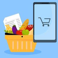 winkelmandje met voedsel, cheque en telefoon. online voedsel winkelen concept. vectorillustratie in vlakke stijl. vector