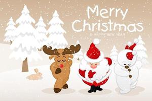 prettige kerstdagen en gelukkig nieuwjaar wenskaart met de kerstman, rendieren en sneeuwpop op winter achtergrond, leuke vakantie cartoon karakter vectorillustratie vector