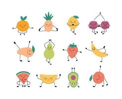 schattig fruit en bessen in yoga pose. appel, banaan, peer en ander fruit beoefenen van yoga en meditatie vector