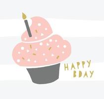 gelukkige verjaardag cupcake wenskaart. trendy cupcake met een kaars en geometrische hagelslag. verjaardag hipster-poster. vector