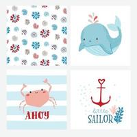 set van leuke kaarten of posters voor de kinderkamer, kinderkamer inclusief walvis, krab, schelppatroon, anker, zinnen ahoi, kleine zeeman. oceaan, marine, nautisch thema verjaardagsfeestje, baby shower. vector