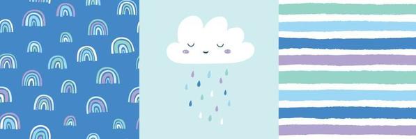 set van 3 babykaarten. schattige lachende regenwolk, regenbogen en strepen. kinderkamerkunst voor jongens. kaartontwerp voor babydouche. vector