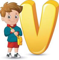 illustratie van alfabet v met een schooljongen die staat vector