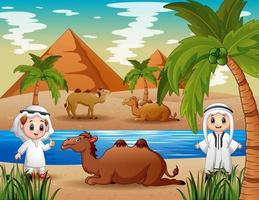 gelukkige arabische jongens met kamelen in de woestijn vector