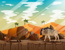 tekenfilm een gnoe en bizon op de klif vector