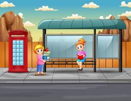 cartoon twee vrouwen met boeken bij de bushalte vector