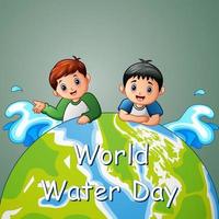 wereld water dag achtergrondontwerp met twee jongens vector