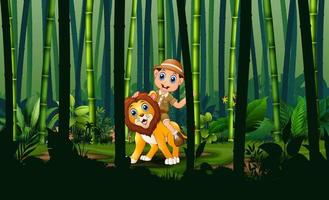 dierenverzorger jongen en leeuw in het bamboebos vector