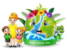 Wereldwaterdagontwerp met gelukkige moeder en kinderen vector