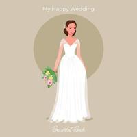 bruid in een mooie jurk met een boeket wenskaart. huwelijksuitnodiging. vectorillustratie in platte cartoonstijl vector