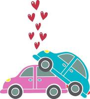 vector Valentijnsdag wenskaart met twee auto's en kleine hartjes die om hen heen vliegen. auto ongeluk. een verkeersongeval met een happy end. een verliefd stel