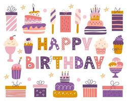 heldere verjaardagsset met een inscriptie in de doodle-stijl. taarten, cupcakes, cadeaus en ijs. ontwerp voor ansichtkaarten, inpakpapier, stof vector
