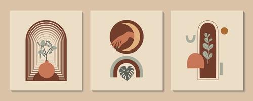 vector moderne minimalistische prints. abstracte esthetische illustratie en Boheemse hedendaagse kunst aan de muur, interieurdecoratie. poster met hand, vazen, boog en tropische planten