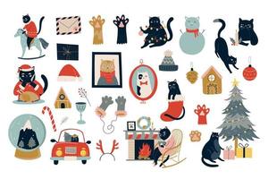bundel zwarte katten die kerst vieren. nieuwjaarsset met huisdecoraties, krans, cadeau, kaarsen, auto met kerstboom vector