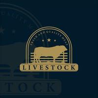 boerderij ranch en vee logo vintage vector illustratie sjabloon pictogram ontwerp. koe of buffel label voor slager of slagerij bedrijfsconcept embleem met badgeontwerp