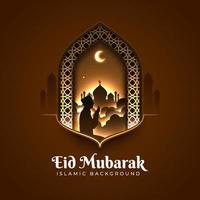 gloeiende eid mubarak wenskaart illustratie met een man bidden en moskee silhouet. prachtig islamitisch grafisch ontwerp met een halve maan, moskeepoort 's nachts en licht erachter vector